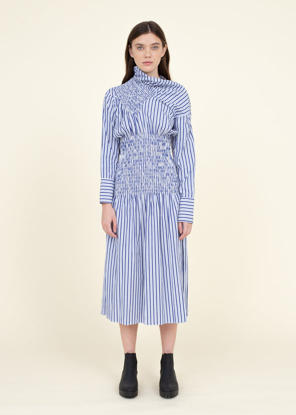 Smocked Long Sleeve Dress, Blue Stripe