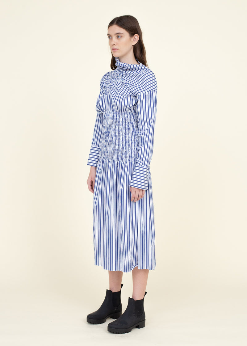 Smocked Long Sleeve Dress, Blue Stripe